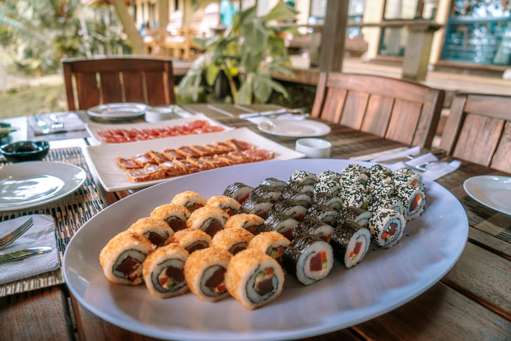 Sushi and sashimi prepared at the lodge